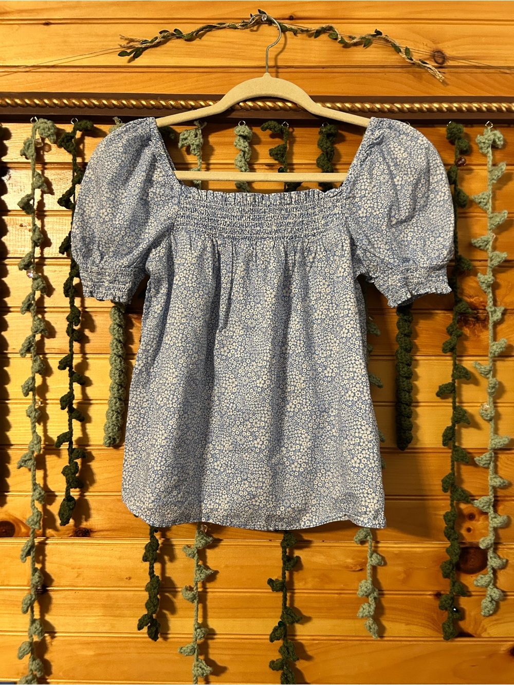 J. Crew Light Blue Floral Smocked Puff Sleeve Top